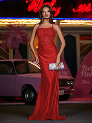 Robe Appliquée en Jersey à Col Carré avec Traîne Balayage Rouge