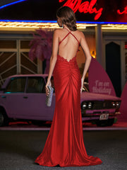 Robe Appliquée en Jersey à Col Carré avec Traîne Balayage Rouge