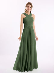 Bretelles Croisées Mousseline Robe avec Taille Empire Olive Verte