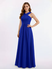 Bretelles Croisées Mousseline Robe avec Taille Empire Bleu Royale