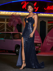 Robes de Soirée Fourreau en Paillettes à Bretelles Spaghetti Bleu Marine
