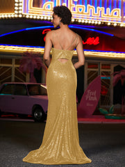 Robes de Soirée Fourreau en Paillettes à Bretelles Spaghetti Or Grande Taille