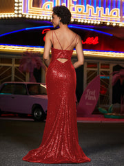 Robes de Soirée Fourreau en Paillettes à Bretelles Spaghetti Bordeaux