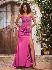 Robe en Satin Extensible à Bretelles Spaghetti et Lacet avec Fente Azalée