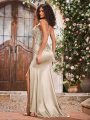 Robe en Satin Extensible à Bretelles Spaghetti et Lacet avec Fente Taupe