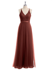 Col En V Tulle Robes Longues Avec Satin Ceinture terracotta Grande Taille