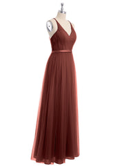 Col En V Tulle Robes Longues Avec Satin Ceinture terracotta