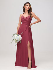 Maxi Robe Sexy en Mousseline Froncée à Col Bénitier avec Fente Cannelle Rose