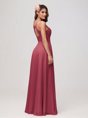 Maxi Robe Sexy en Mousseline Froncée à Col Bénitier avec Fente Cannelle Rose
