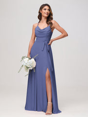 Maxi Robe Sexy en Mousseline Froncée à Col Bénitier avec Fente Pervenche