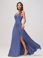 Maxi Robe Sexy en Mousseline Froncée à Col Bénitier avec Fente Pervenche