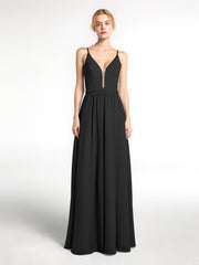 Robe en Mousseline Simple à Bretelles Spaghetti avec Encolure Crantée Noir Grande Taille