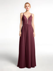 Robe en Mousseline Simple à Bretelles Spaghetti avec Encolure Crantée Cabernet Grande Taille