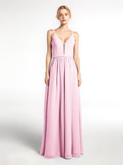 Robe en Mousseline Simple à Bretelles Spaghetti avec Encolure Crantée Rose Bonbon