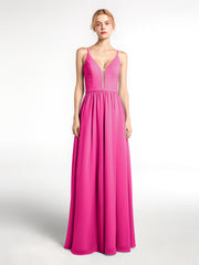 Robe en Mousseline Simple à Bretelles Spaghetti avec Encolure Crantée Fuchsia