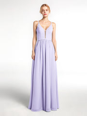 Robe en Mousseline Simple à Bretelles Spaghetti avec Encolure Crantée Lilas