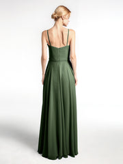 Robe en Mousseline Simple à Bretelles Spaghetti avec Encolure Crantée Olive Verte Grande Taille