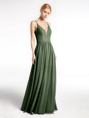Robe en Mousseline Simple à Bretelles Spaghetti avec Encolure Crantée Olive Verte Grande Taille
