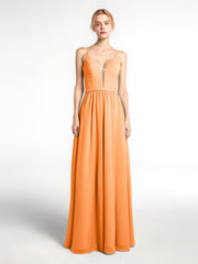 Robe en Mousseline Simple à Bretelles Spaghetti avec Encolure Crantée Orange Grande Taille