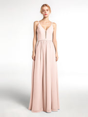 Robe en Mousseline Simple à Bretelles Spaghetti avec Encolure Crantée Rose Perle Grande Taille