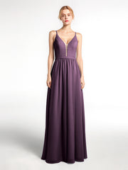 Robe en Mousseline Simple à Bretelles Spaghetti avec Encolure Crantée Plum