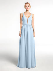 Robe en Mousseline Simple à Bretelles Spaghetti avec Encolure Crantée Bleu Ciel Grande Taille