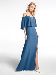 Robe Longue Et Volantée à Épaules Dénudées avec Volants Recouverts Bleu Encre