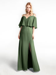 Robe Longue Et Volantée à Épaules Dénudées avec Volants Recouverts Olive Verte Grande Taille