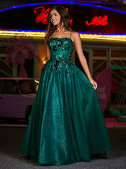 Robe Appliquée Florale en Tulle à Bretelles Spaghetti Vert Foncé
