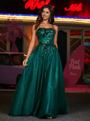 Robe Appliquée Florale en Tulle à Bretelles Spaghetti Vert Foncé Grande Taille