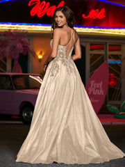Robe Appliquée Florale en Tulle à Bretelles Spaghetti Champagne Grande Taille