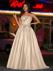 Robe Appliquée Florale en Tulle à Bretelles Spaghetti Champagne