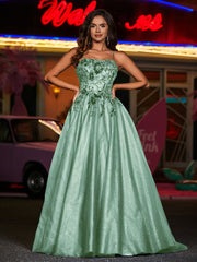 Robe Appliquée Florale en Tulle à Bretelles Spaghetti Sauge Poudrée Grande Taille