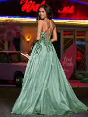 Robe Appliquée Florale en Tulle à Bretelles Spaghetti Sauge Poudrée