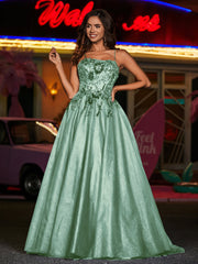 Robe Appliquée Florale en Tulle à Bretelles Spaghetti Sauge Poudrée