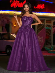 Robe Appliquée Florale en Tulle à Bretelles Spaghetti Raisin Grande Taille