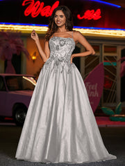Robe Appliquée Florale en Tulle à Bretelles Spaghetti Argent