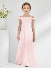 Robes de Demoiselle d'Honneur Junior en Mousseline à A-ligne Hors de l'Épaule Rose Pâle