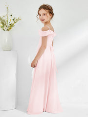 Robes de Demoiselle d'Honneur Junior en Mousseline à A-ligne Hors de l'Épaule Rose Pâle