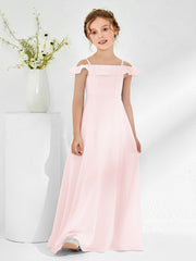 Robes de Demoiselle d'Honneur Junior en Mousseline à A-ligne Hors de l'Épaule Rose Pâle