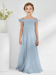 Robes de Demoiselle d'Honneur Junior en Mousseline à A-ligne Hors de l'Épaule Bleu Poudré