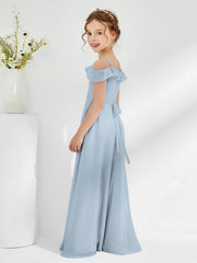Robes de Demoiselle d'Honneur Junior en Mousseline à A-ligne Hors de l'Épaule Bleu Poudré