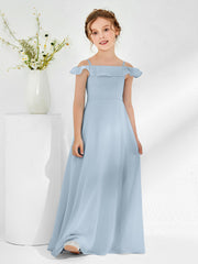 Robes de Demoiselle d'Honneur Junior en Mousseline à A-ligne Hors de l'Épaule Bleu Poudré
