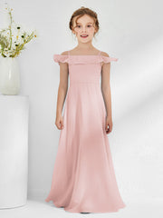 Robes de Demoiselle d'Honneur Junior en Mousseline à A-ligne Hors de l'Épaule Rose Poudré