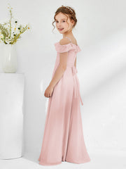 Robes de Demoiselle d'Honneur Junior en Mousseline à A-ligne Hors de l'Épaule Rose Poudré