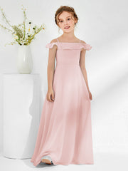 Robes de Demoiselle d'Honneur Junior en Mousseline à A-ligne Hors de l'Épaule Rose Poudré