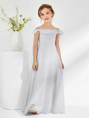 Robes de Demoiselle d'Honneur Junior en Mousseline à A-ligne Hors de l'Épaule Argent