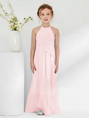Robes de Demoiselle d'Honneur Junior à Décolleté Licou avec Ceinture Rose Pâle