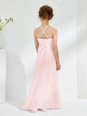 Robes de Demoiselle d'Honneur Junior à Décolleté Licou avec Ceinture Rose Pâle