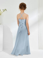 Robes de Demoiselle d'Honneur Junior à Décolleté Licou avec Ceinture Bleu Poudré